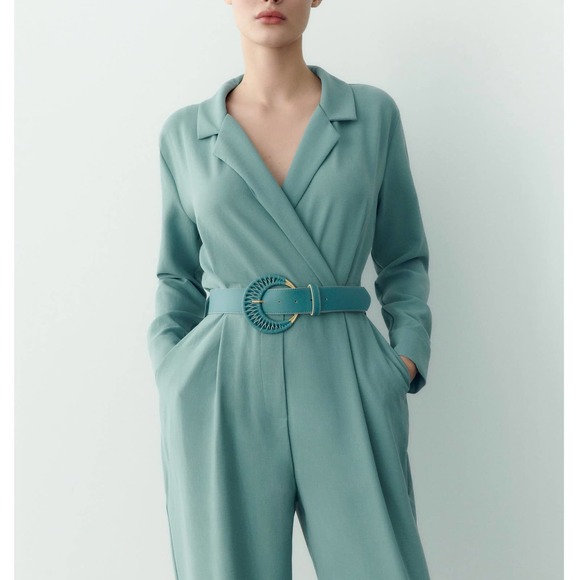 ZARA LONG BELTED JUMPSUIT TURQUOISE BLUE - Picture 3 of 13